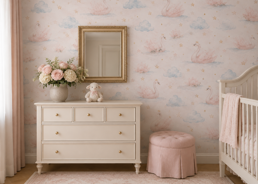 Swan Princess Girls Dreamy Nursery Wall Mural - Room View 2