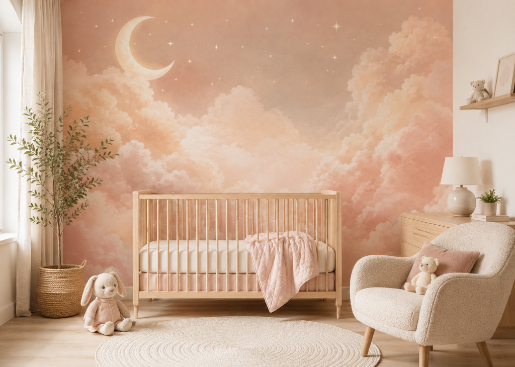 Blush Moon Clouds Girls Nursery Wall Mural - Room View 3