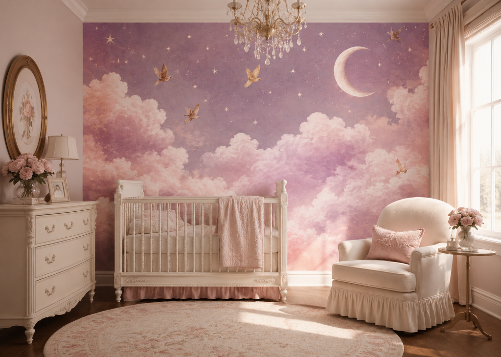 Lilac Dove Sky Girls Nursery Wall Mural - Room View 2