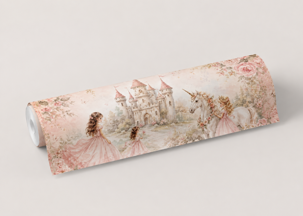 Princess Castle Girls Floral Wall Mural - Roll View