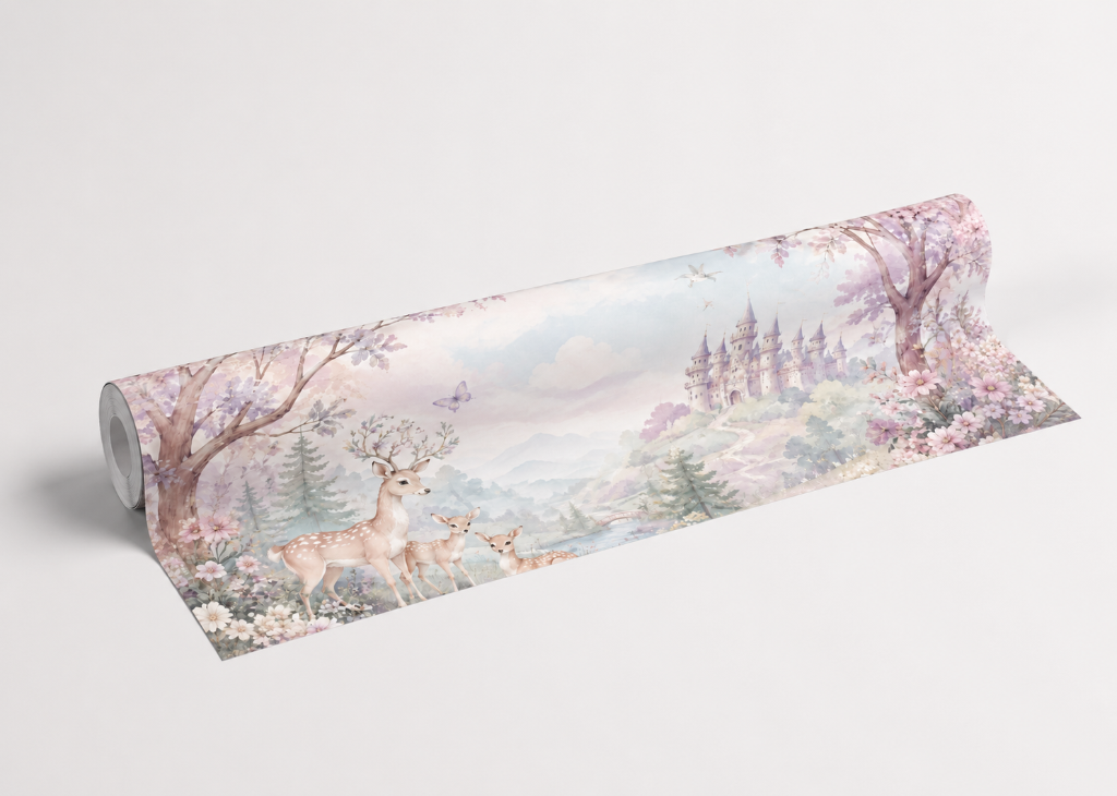 Deer Family Castle Forest Girls Enchanted Wall Mural - Roll View