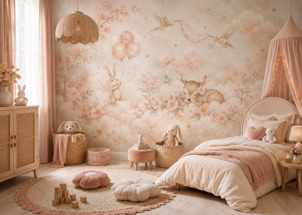 Blossom Lullaby Girls Floral Wall Mural - Girls Room View