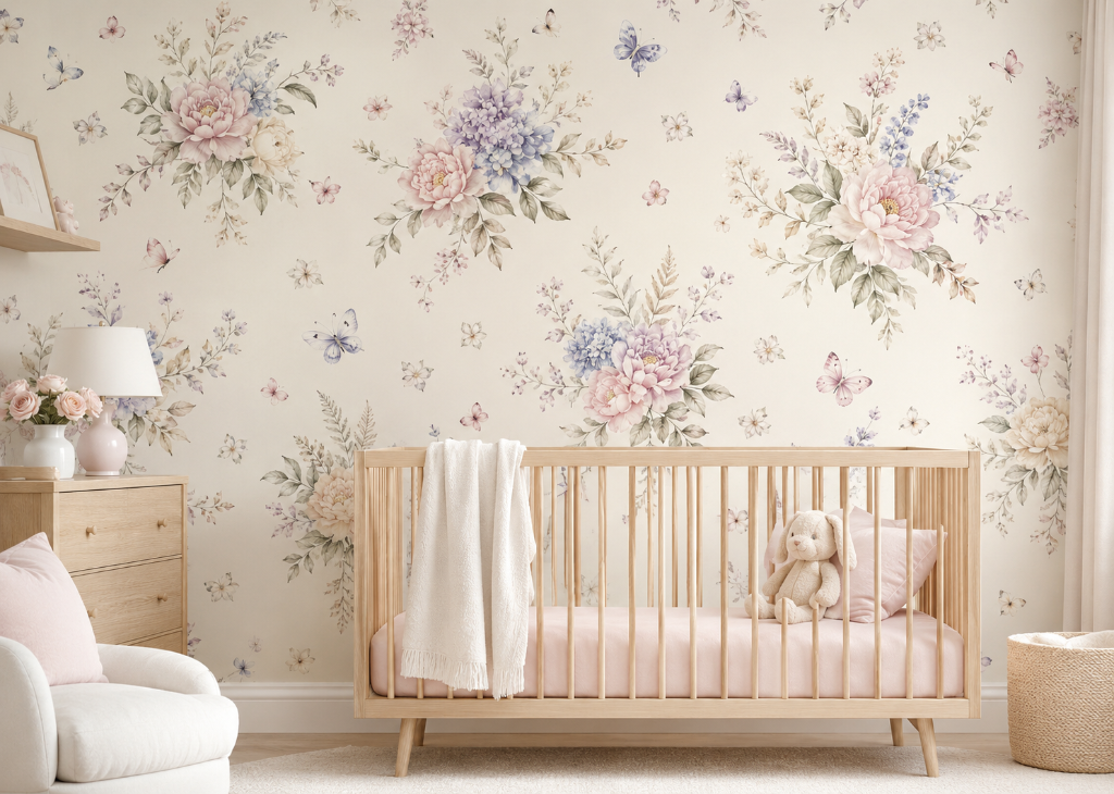 Peony & Hydrangea Girls Nursery Wall Mural - Nursery Room View