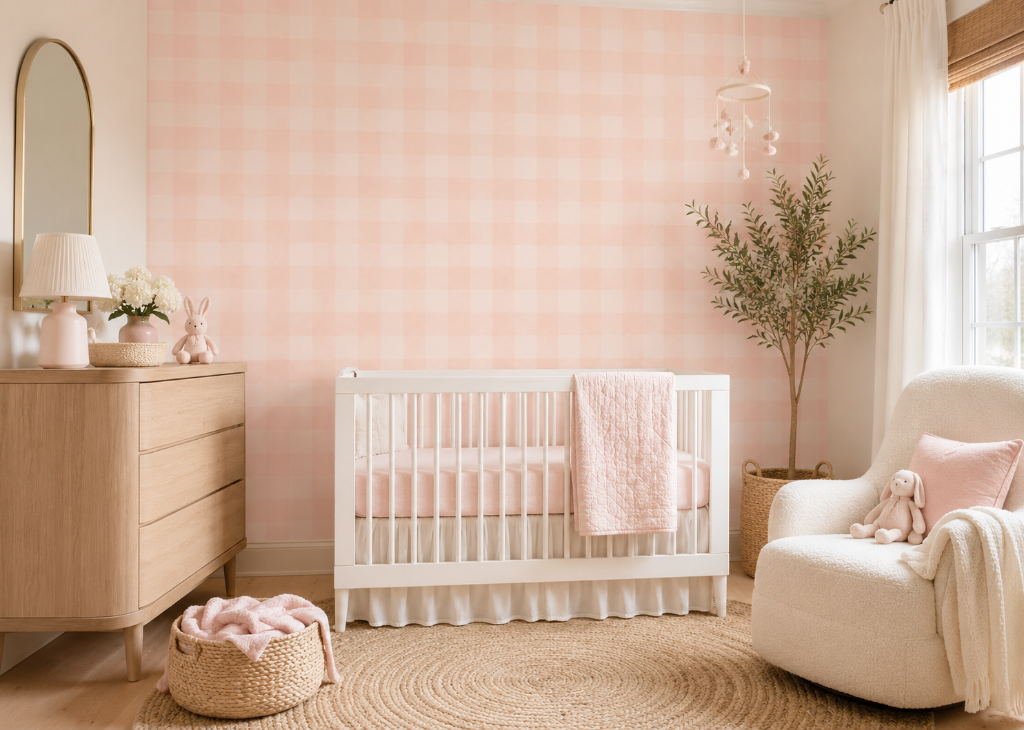 Blush Gingham Girls Nursery Wall Mural - Nursery Crib View