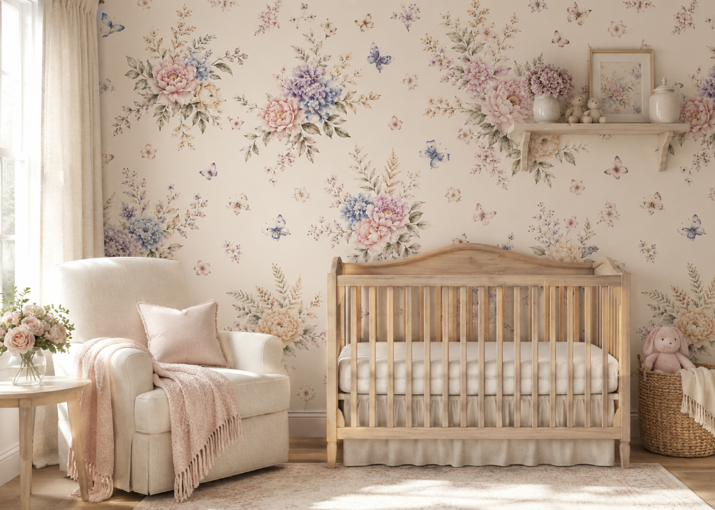 Peony & Hydrangea Girls Nursery Wall Mural - Room View 2