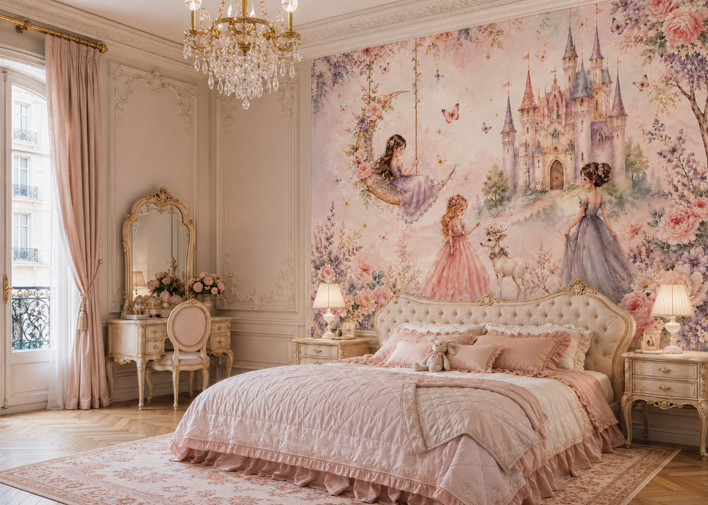 Moon Swing Princesses Girls Floral Wall Mural - Room View 3