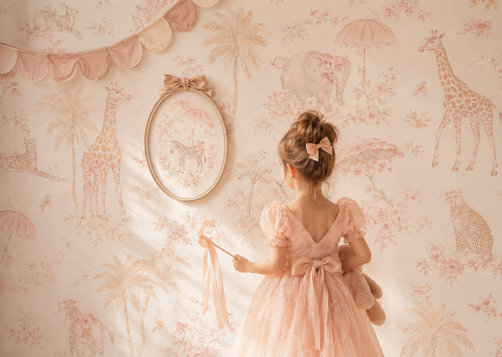 Blush Safari Toile Girls Exotic Wall Mural - Girls Room View