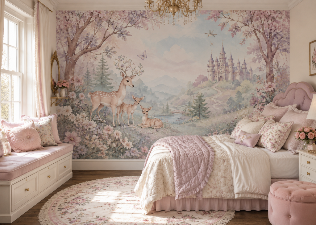 Deer Family Castle Forest Girls Enchanted Wall Mural - Room View 2