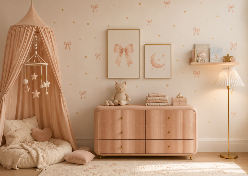 Bows & Stars Girls Coquette Nursery Wall Mural - Nursery Room View