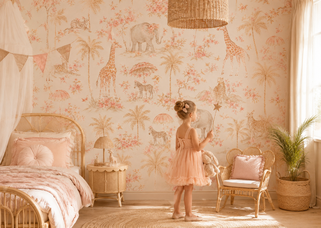Blush Safari Toile Girls Exotic Wall Mural - Room View 2