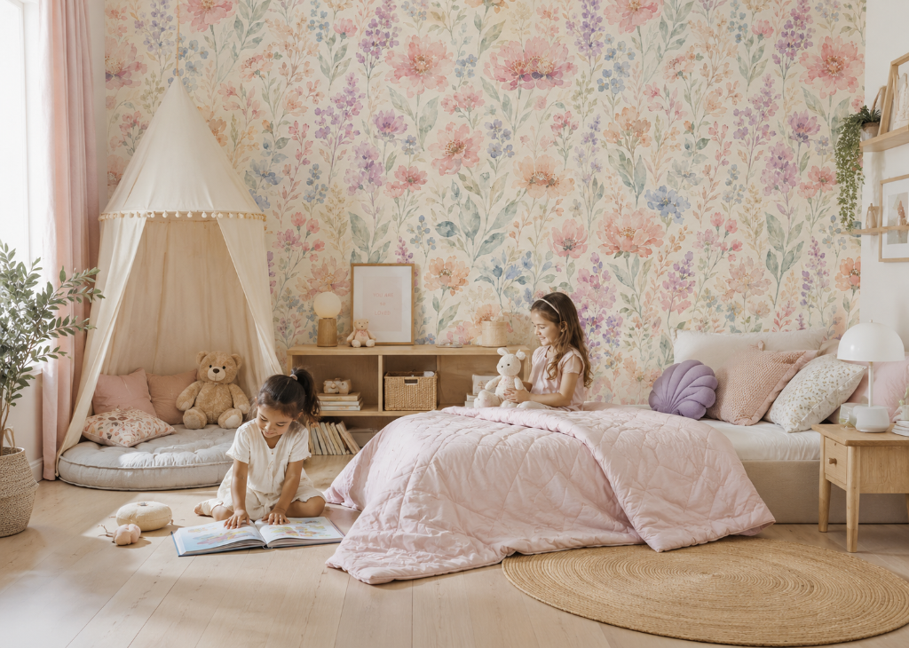 Lavender & Blush Wildflowers Girls Wall Mural - Room View 2