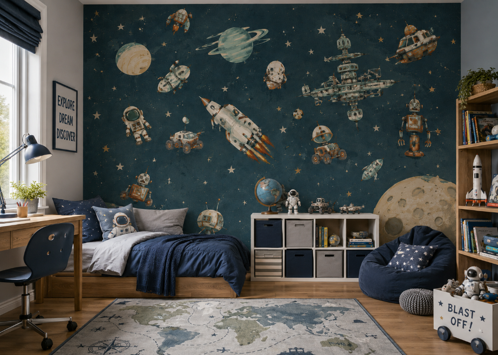 Retro Space Explorers Boys Galaxy Wall Mural - Room View 3