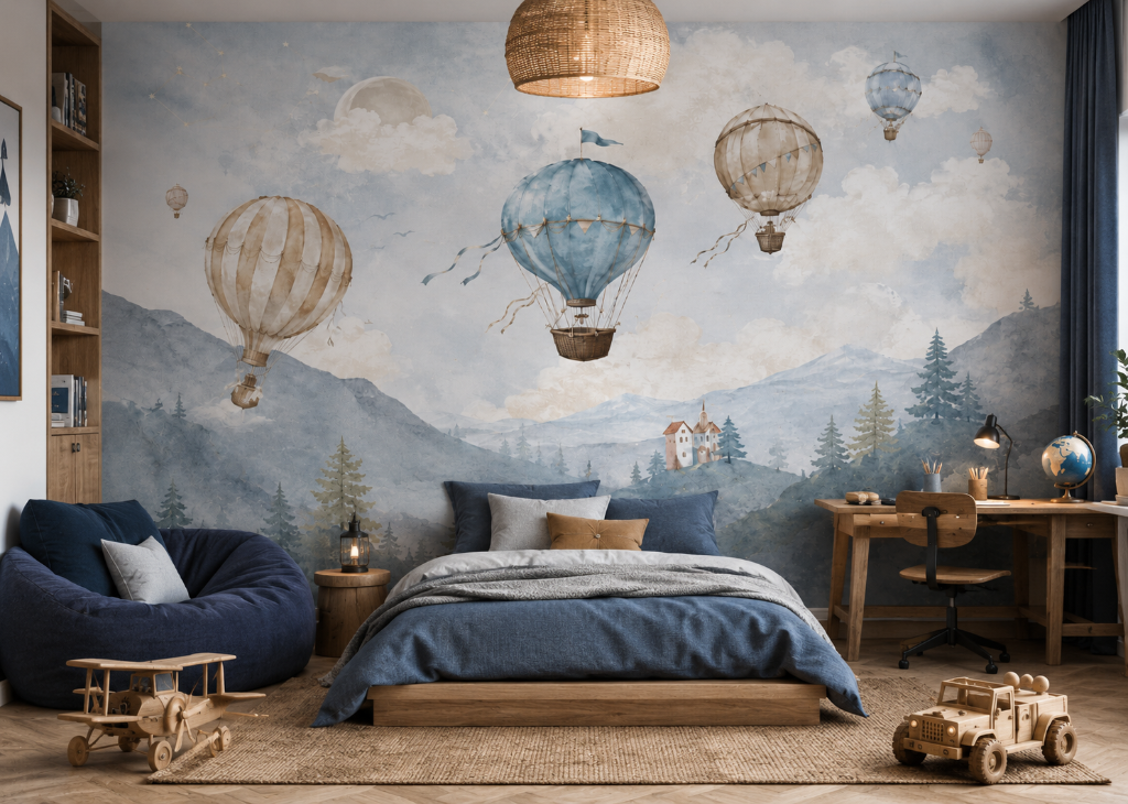 Mountain Voyage Boys Hot Air Balloon Wall Mural - Room View 2