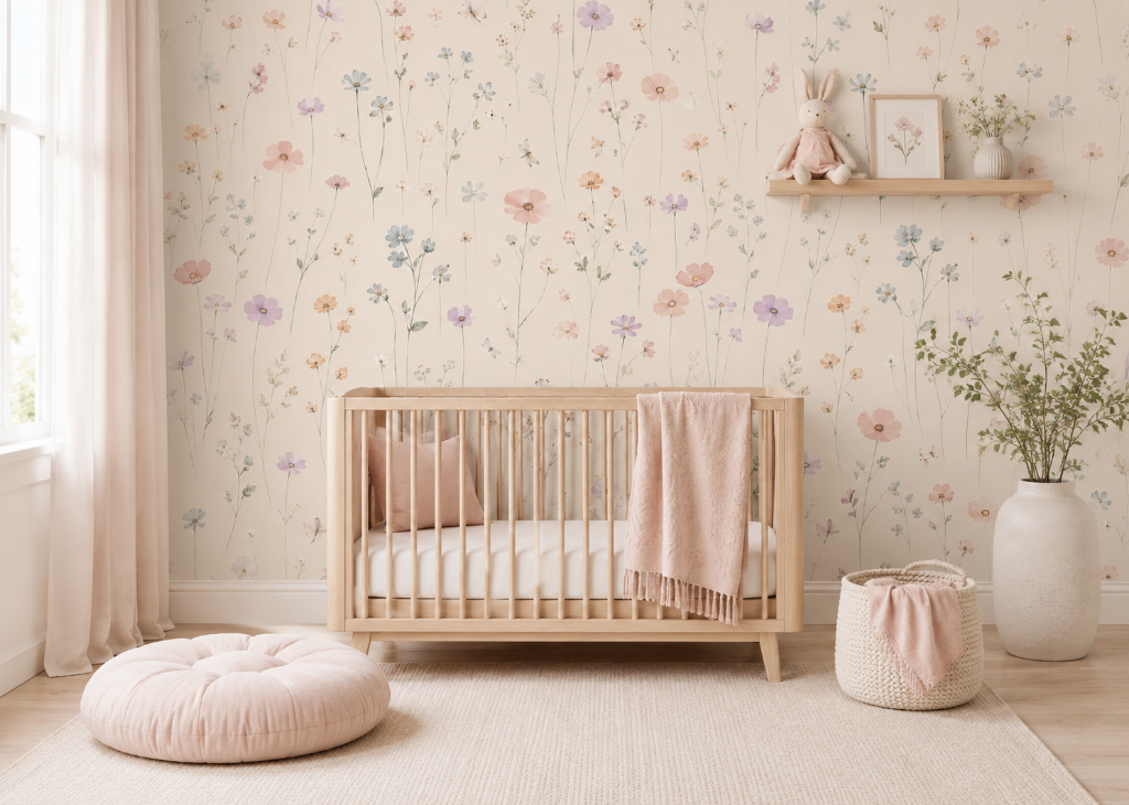 Pastel Cosmos Girls Nursery Wall Mural - Room View 3