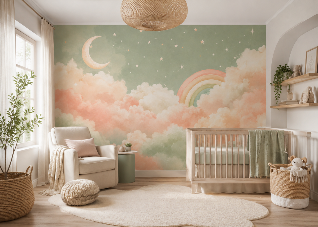 Rainbow Sage Sky Girls Nursery Wall Mural - Room View 2