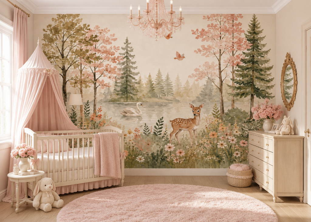 Swan Lake Meadow Girls Nursery Wall Mural - Room View 3